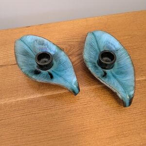 2 Blue Mountain Pottery Leaf-Shaped Candle Holders
